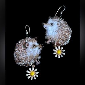 Adorable hand painted hedgehog earrings with Daisy charm on bottom OOAK